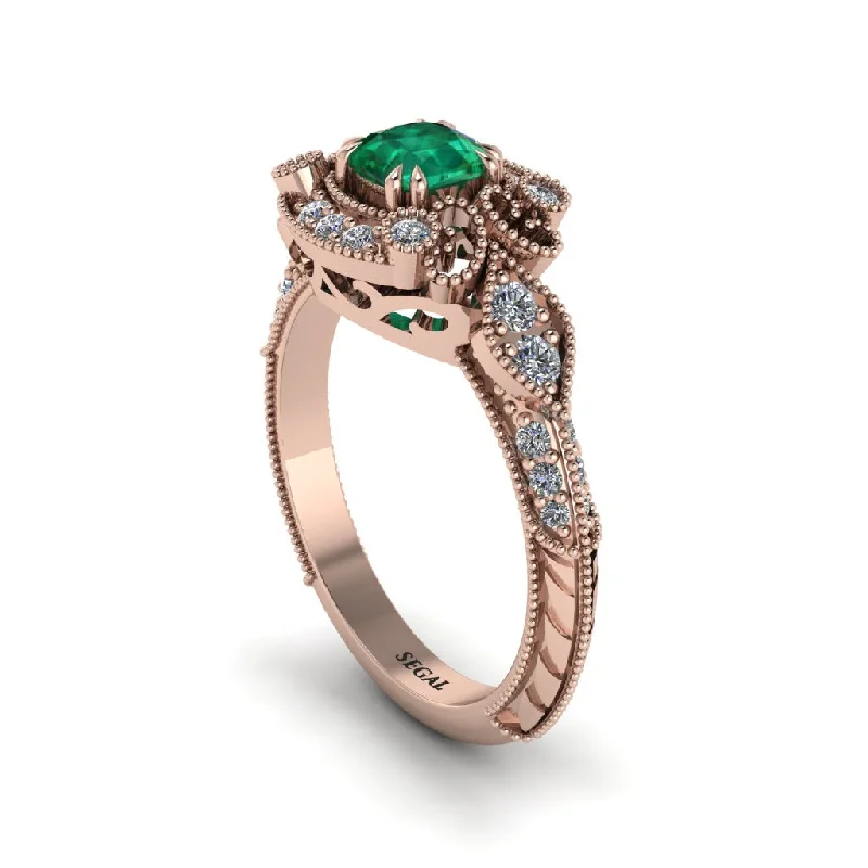 Women's engagement rings marquise-cut-Emerald Vintage Filigree Cushion Cut Engagement Ring - Elaina No. 5