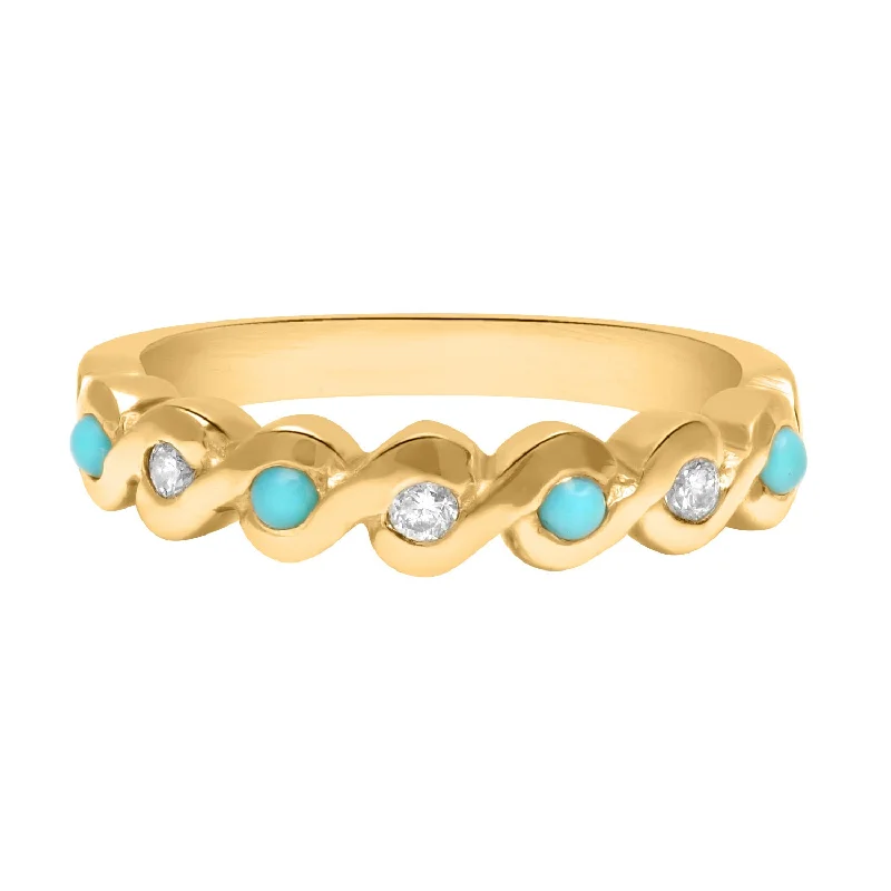 Women's rings twinkling-glow-Turquoise and diamond wave ring