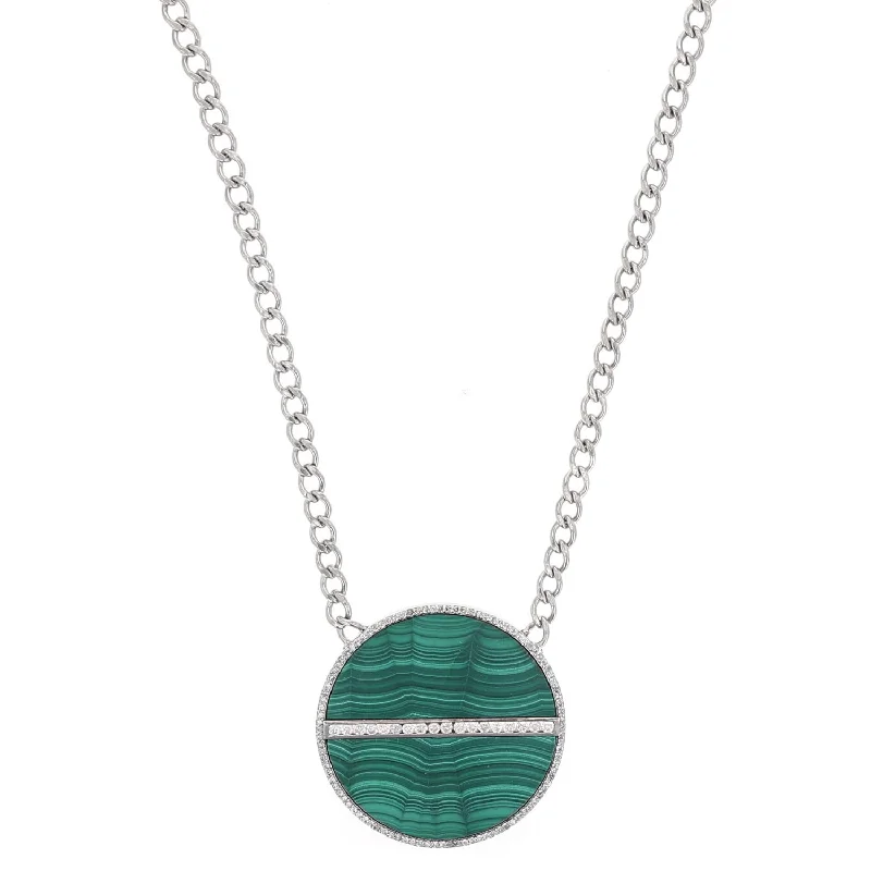 Women's necklaces sculpted-wave-Round Malachite & Diamond Pendant Curb Chain Necklace  SN000148