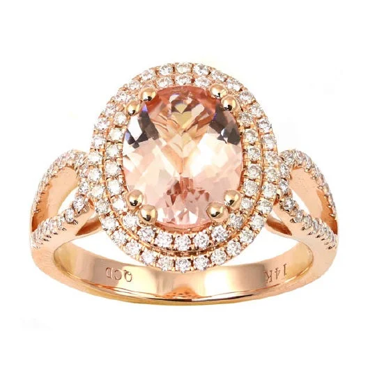 Women's engagement rings exotic-sapphire-10X8MM Oval Morganite and Diamond Halo Engagement Ring in 14KT Rose Gold