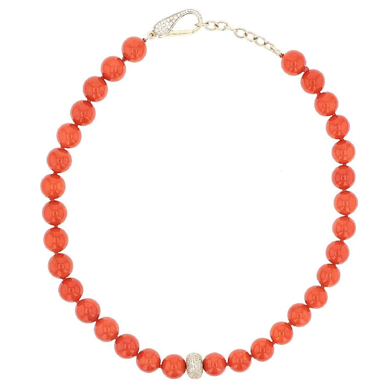 Women's necklaces cherished-piece-Italian Red Coral Bead Necklace with 14K Gold Pave Diamond Donut  NG002574