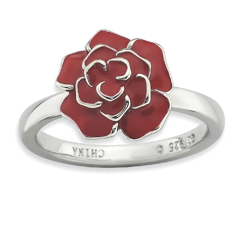 Women's rings smoky-quartz-2.25mm Sterling Silver Stackable Enameled Red Rose Ring