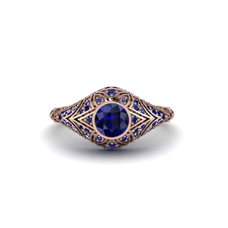 Women's engagement rings retro-glam-Sapphire Bezel Vintage Filigree Engagement Ring - Kendall No. 74