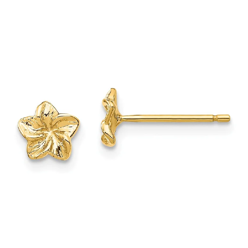 Women's earrings hand-carved-6mm Plumeria Flower Post Earrings in 14k Yellow Gold