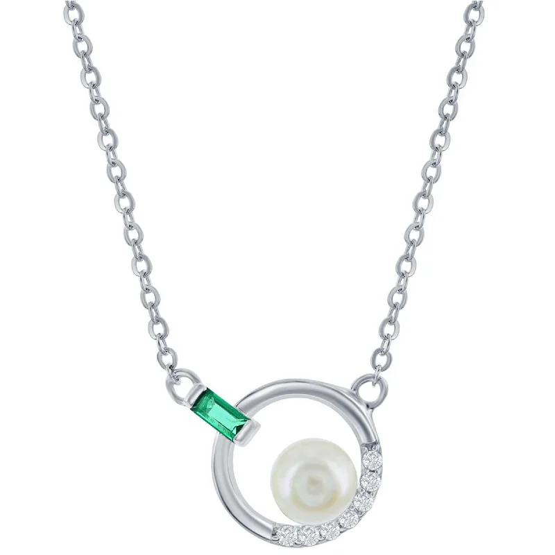 Women's necklaces subtle-twist-Classic Women's Necklace - Silver Emerald Baguette CZ Round Circle and FWP | M-6873