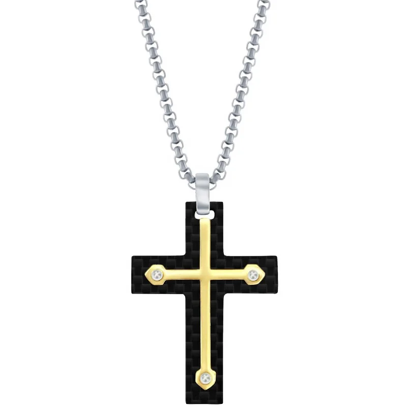 Women's necklaces starry-stone-Metallo Men's Necklace - Stainless Steel Black Carbon Fiber and Gold Cross | SL-7111