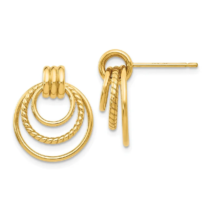 Women's earrings aqua-marine-Polished and Twisted Triple Circle Post Earrings in 14k Yellow Gold