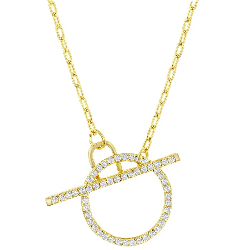 Women's necklaces crafted-gleam-Classic Women's Necklace - Gold Plated Paperclip White CZ Circle Toggle | M-6978-GP