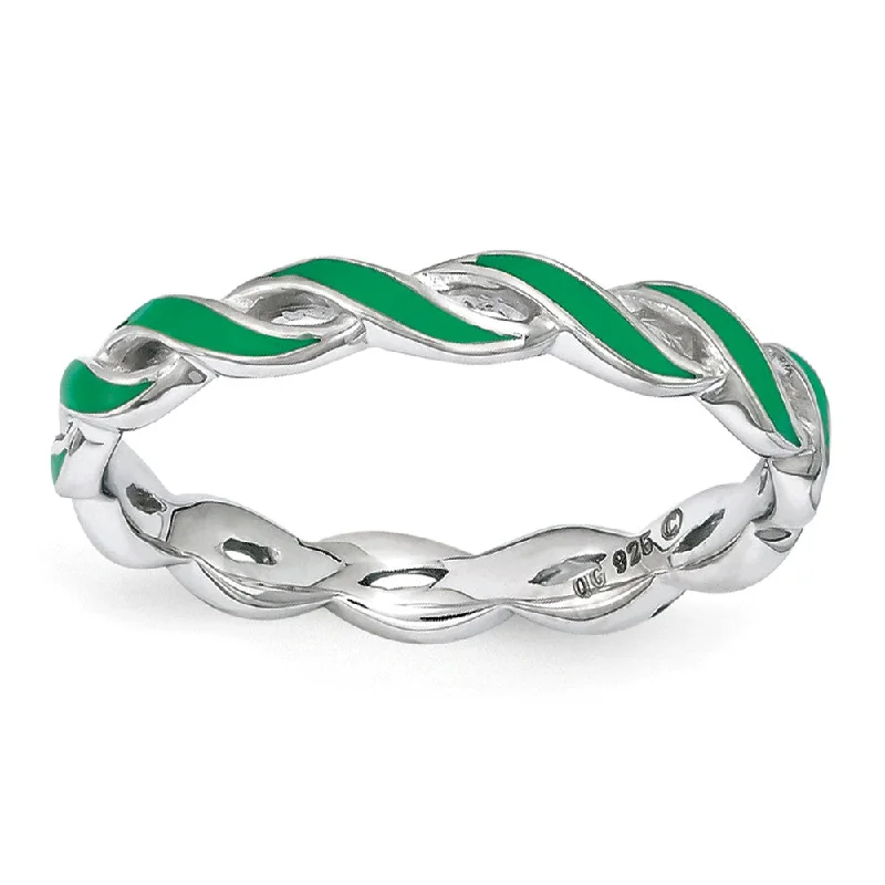 Women's rings chunky-steel-2mm Sterling Silver Stackable Expressions Green Enamel Swirl Band