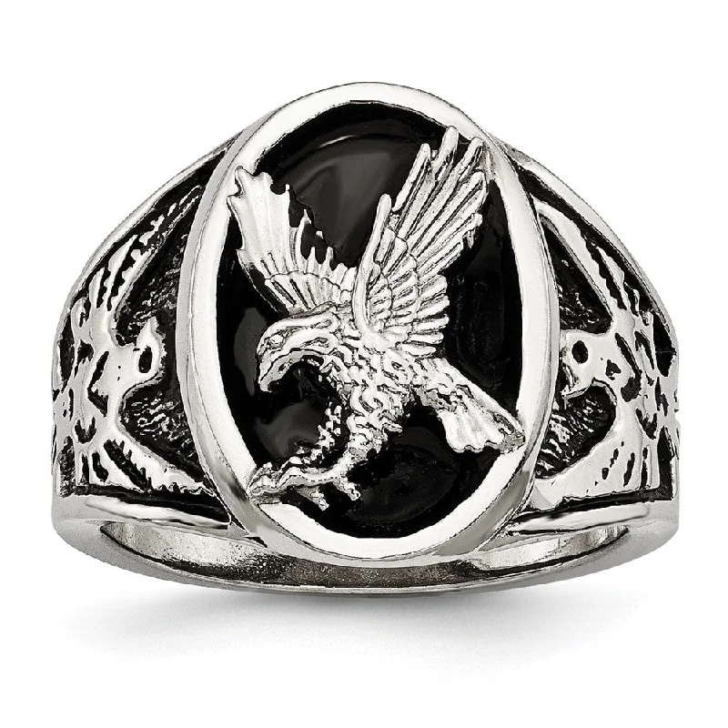 Women's rings fine-etching-Men's 19mm Stainless Steel Black Enamel Textured Eagle Ring