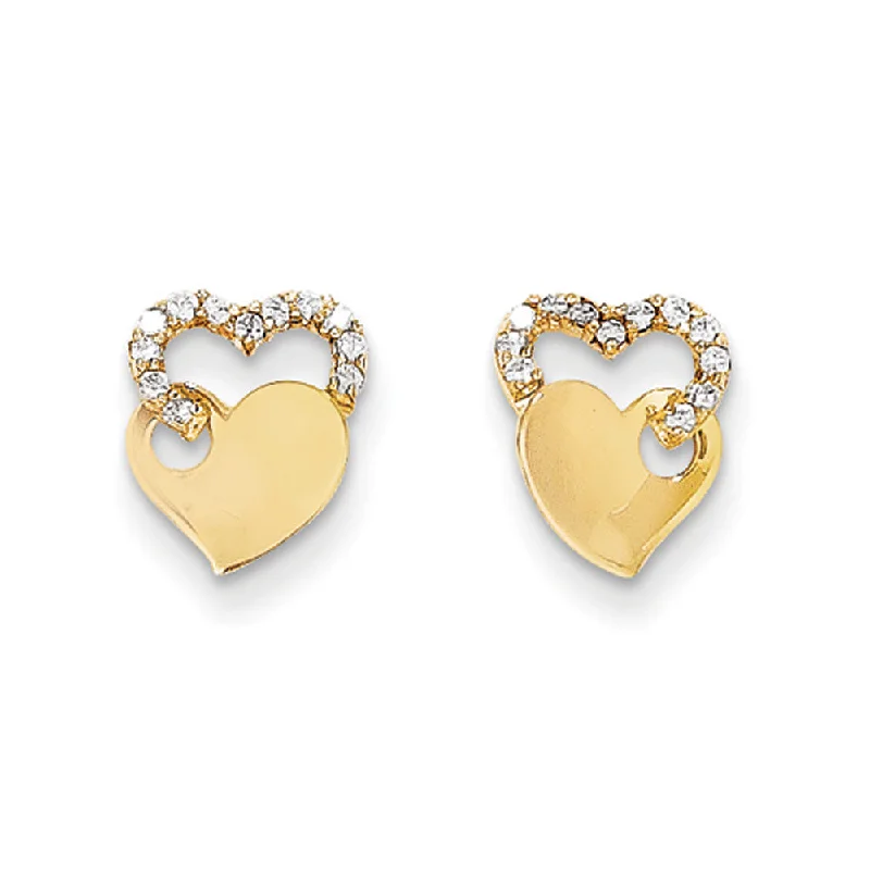 Women's earrings Victorian-gleam-Kids Cubic Zirconia Double Heart Post Earrings in 14k Yellow Gold