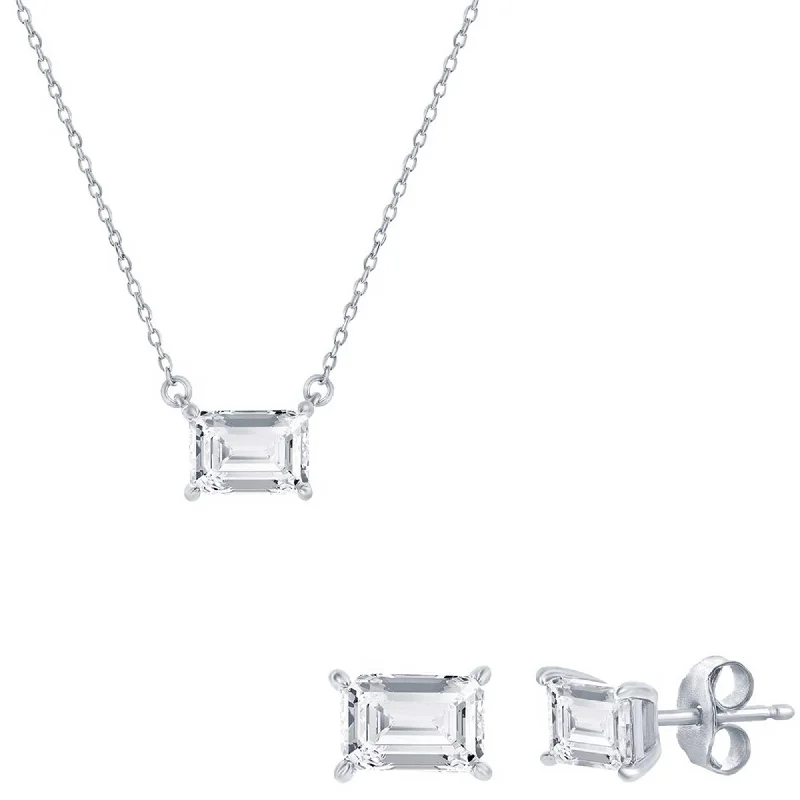 Women's necklaces eternal-luxe-Classic Women's Necklace and Earrings Set - Silver Solitaire Rectangle CZ | SET-610