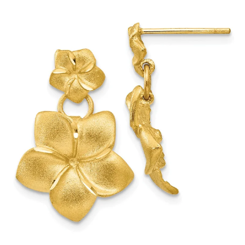 Women's earrings retro-luxe-Double Satin Plumeria Dangle Post Earrings in 14k Yellow Gold