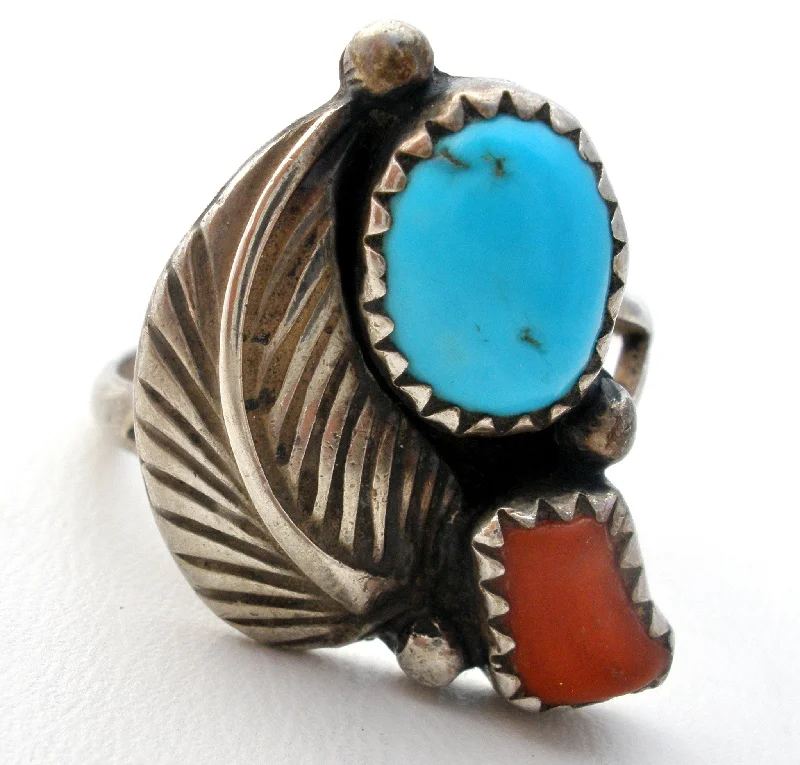 Women's rings glossy-edge-Navajo Turquoise &  Coral Ring Sterling Silver