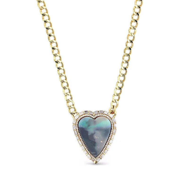 Women's necklaces vivid-swirl-14k Boulder Opal Heart Necklace in Baguette Diamond Setting SNG00100