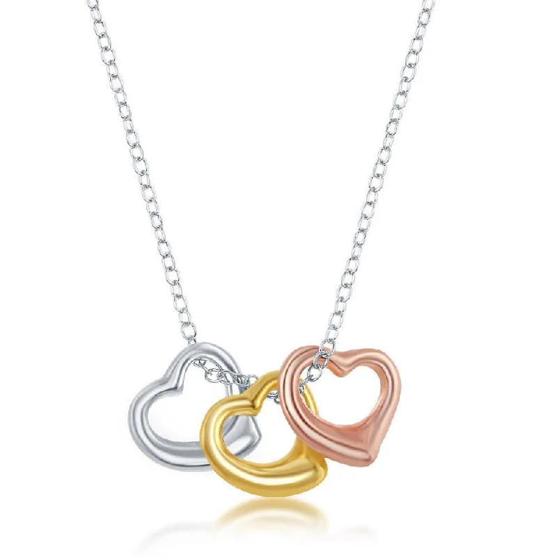 Women's necklaces sculpted-link-Sterling Silver Tri-Color Puffed Hearts Necklace