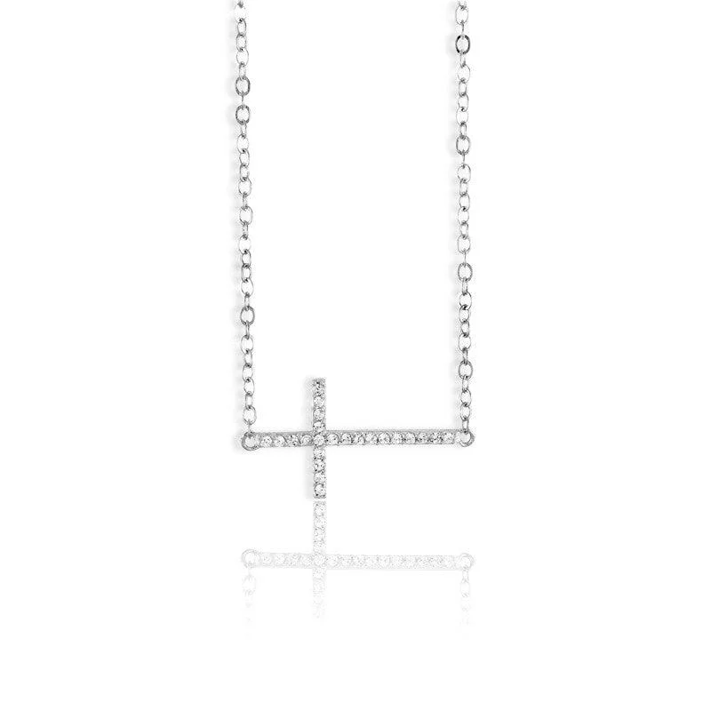 Women's necklaces floral-platinum-Sterling Silver Sideways CZ Cross Design Necklace