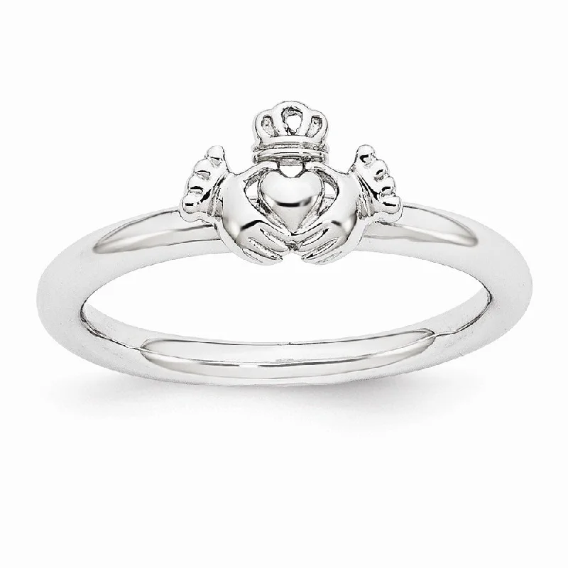 Women's rings celestial-Rhodium Plated Sterling Silver Stackable Polished Claddagh Ring