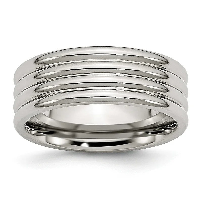 Women's rings glowing-moonstone-Stainless Steel, 8mm Multi Grooved Unisex Comfort Fit Band