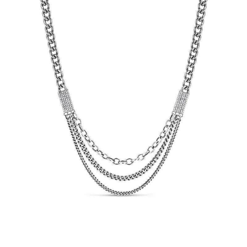 Women's necklaces luminous-gem-Multi Chain Sterling Silver Necklace with Diamond Stations-18"  N0003003