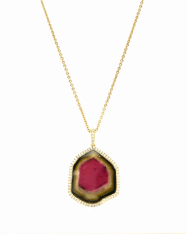 Women's necklaces open-link-Watermelon Tourmaline Slice Necklace 53-JSA