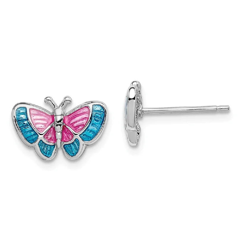 Women's earrings rustic-platinum-Pink and Blue Enameled Butterfly Post Earrings in Sterling Silver