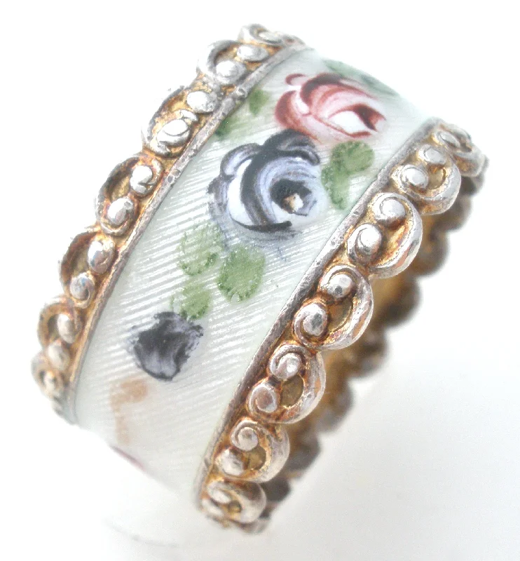 Women's rings ornate-twist-Wide Guilloche Enamel Rose Sterling Band Ring Size 7