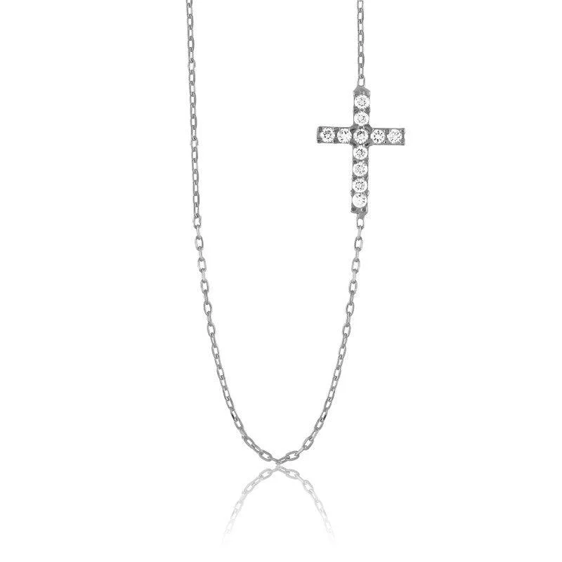 Women's necklaces retro-luxe-Sterling Silver Small CZ Sideways Cross Necklace