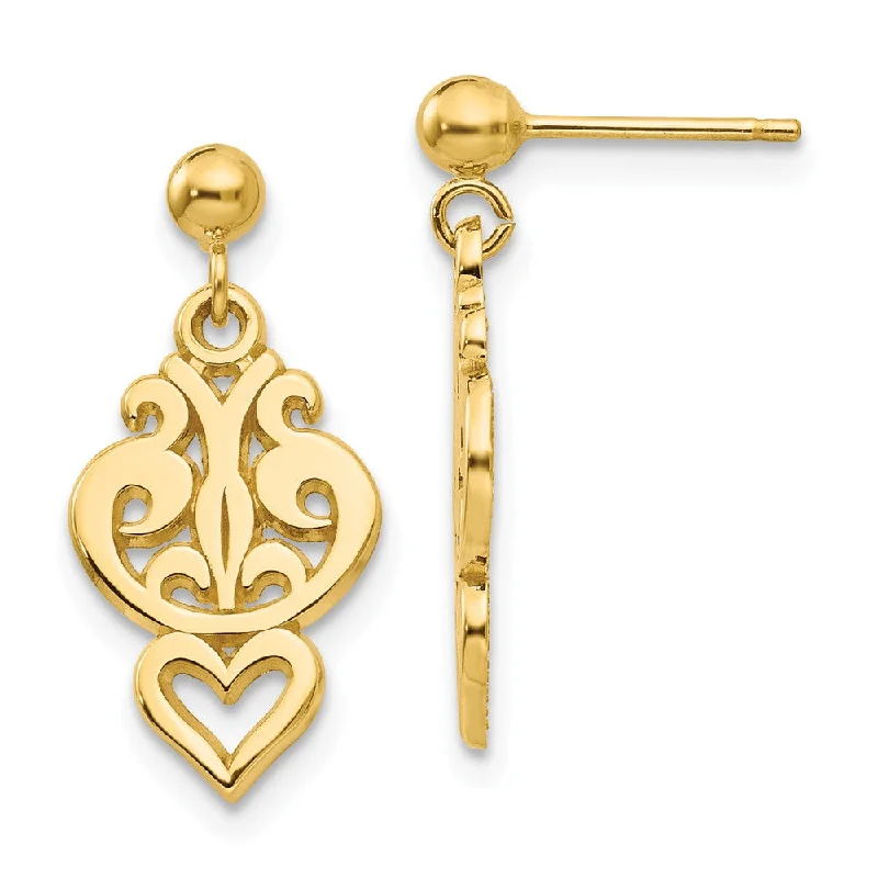 Women's earrings luxe-titanium-Small Filigree Heart Dangle Post Earrings in 14k Yellow Gold