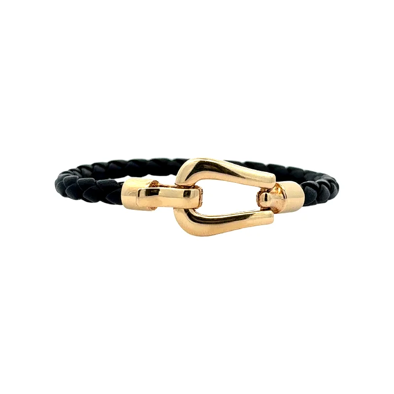 Women's bracelets peachy-charm-Black Leather and Gold Horsebit Clasp Bracelet