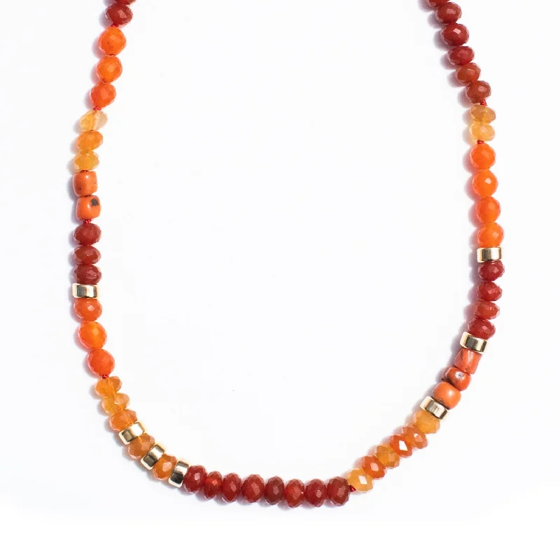 Women's necklaces wispy-elegance-Hand Knotted Tangerine Gemstone Mix Carnelian and Coral Necklace-18" NG002833