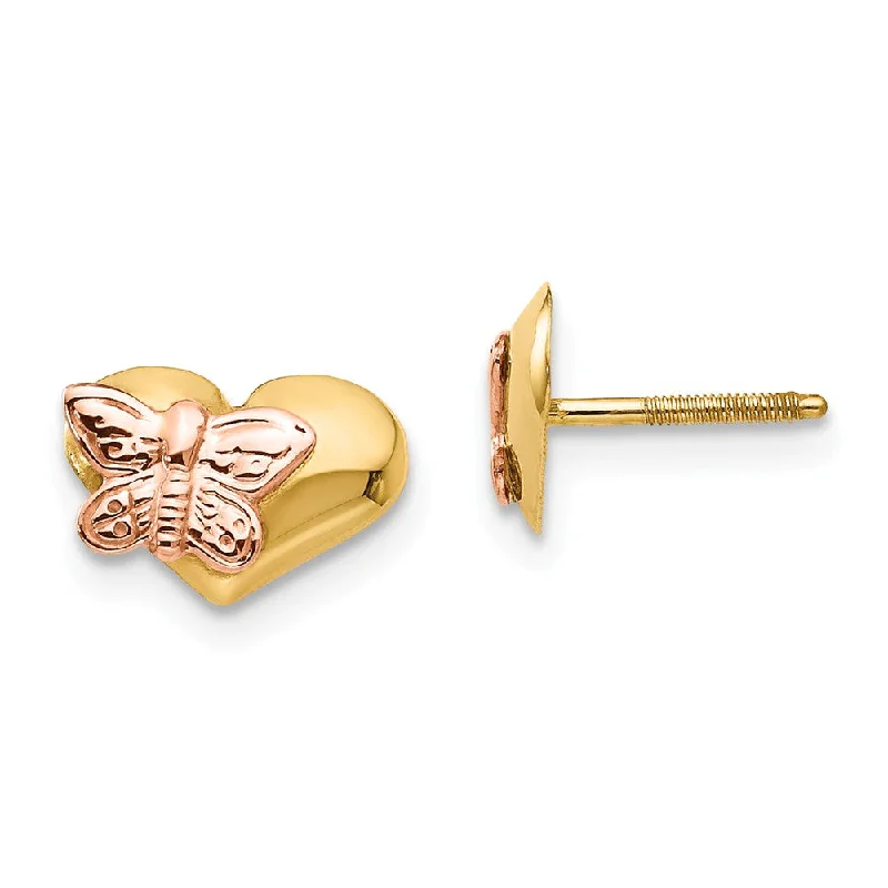 Women's earrings luminous-zircon-Kids 14k Yellow Gold Heart & Pink Rhodium Butterfly ScrewBack Earrings