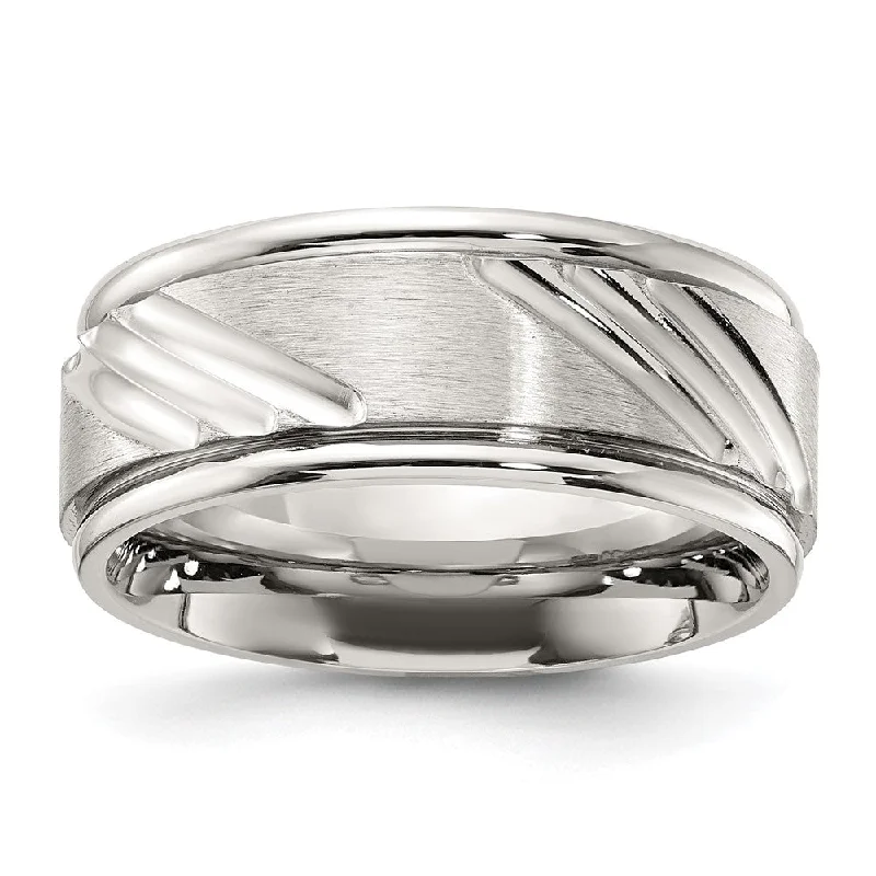 Women's rings twinkling-gem-Men's 9mm Stainless Steel Brushed Center Grooved Comfort Fit Band