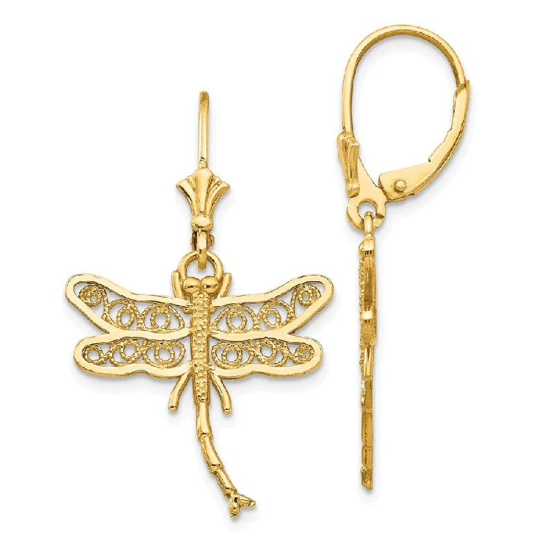 Women's earrings airy-drop-21mm Filigree Dragonfly Lever Back Earrings in 14k Yellow Gold