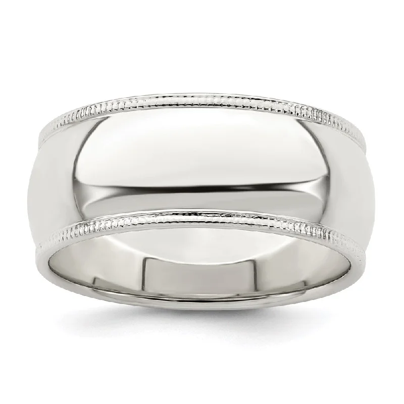 Women's rings radiant-edge-Men's 8mm Sterling Silver Half Round Milgrain Edge Standard Fit Band