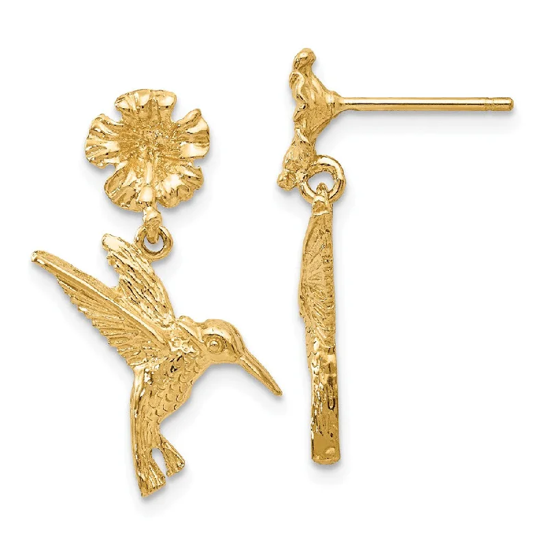 Women's earrings crafted-charm-Hummingbird and Flower Dangle Post Earrings in 14k Yellow Gold