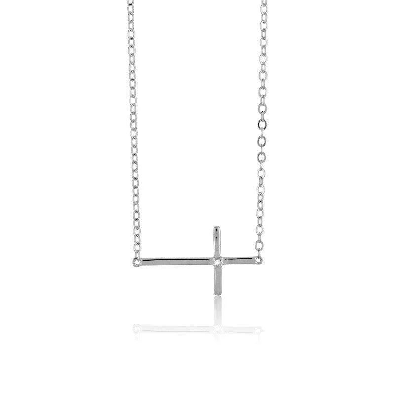 Women's necklaces eternal-luxe-Sterling Silver Sideways Cross Single CZ Necklace