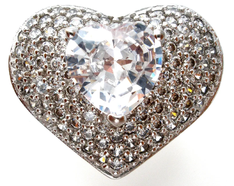 Women's rings evening-stone-Large Heart Ring with Clear CZ's Size 8