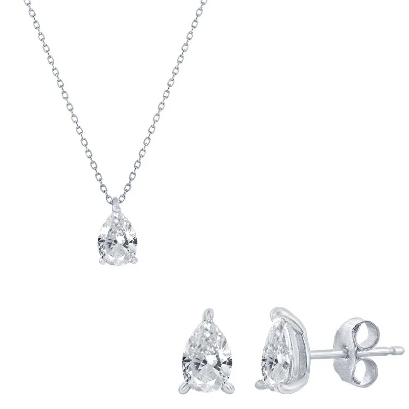 Women's necklaces wispy-elegance-Classic Women's Necklace and Earrings Set - Silver Solitaire Pearshape CZ | SET-613