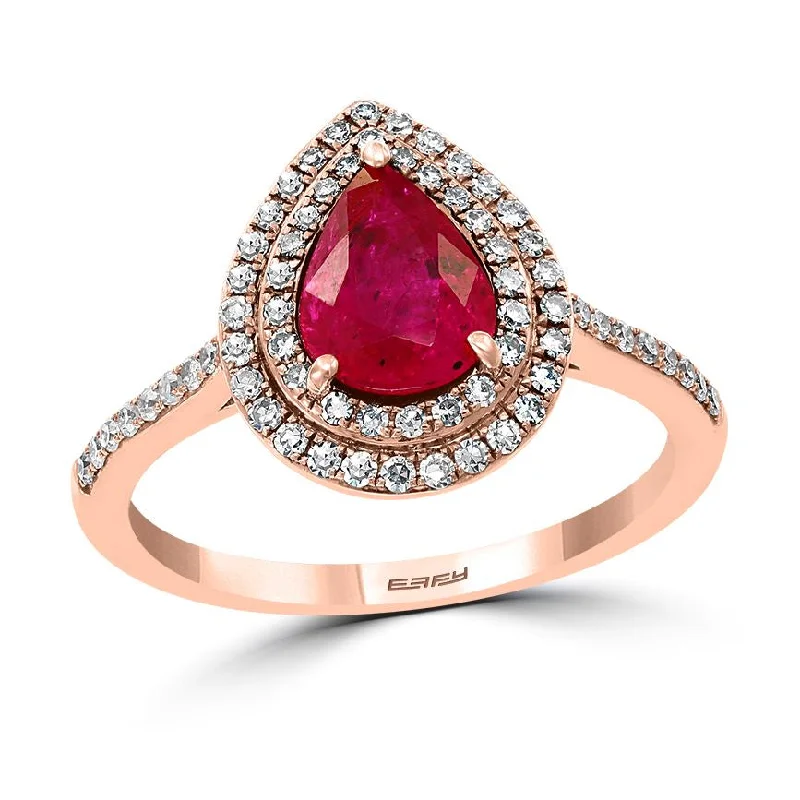 Women's engagement rings glowing-bezel-EFFY 8X6MM Pear Ruby and Diamond Gem Stone Halo Engagement Ring in 14KT Rose Gold