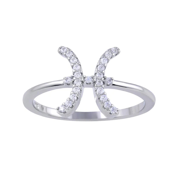 Women's rings satin-gold-Sterling Silver 925 Rhodium Plated Pisces CZ Zodiac Sign Ring