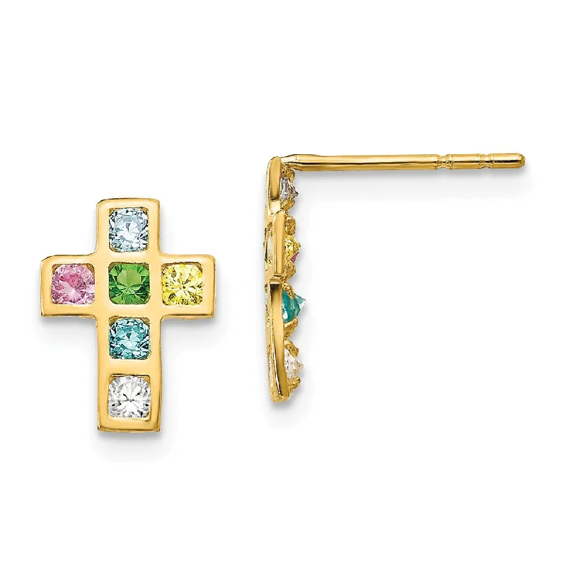 Women's earrings playful-luxe-Children's 14k Yellow Gold & CZ 10mm Jeweled Cross Post Earrings