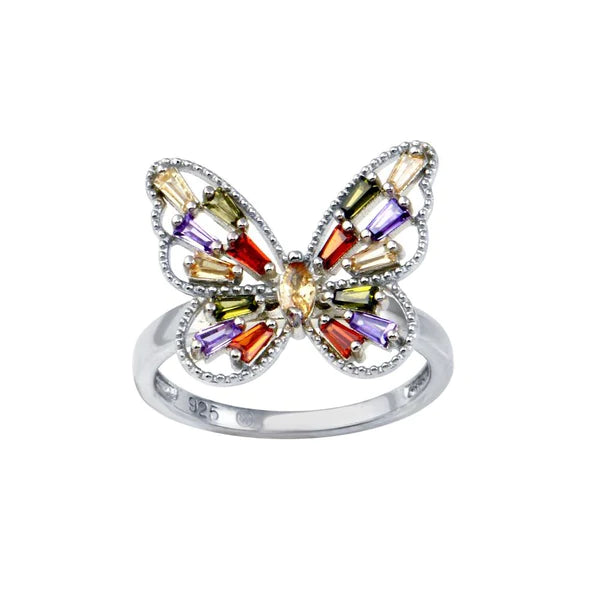 Women's rings soft-twinkle-Silver 925 Rhodium Plated Multi Color Baguette CZ Butterfly Ring