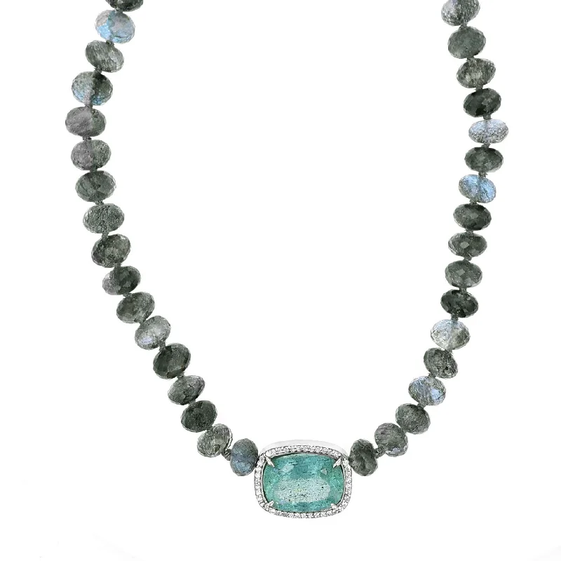 Women's necklaces rustic-platinum-Diamond Halo Moss Aquamarine Gemstone Pendant Beaded Necklace-18"  N0003149