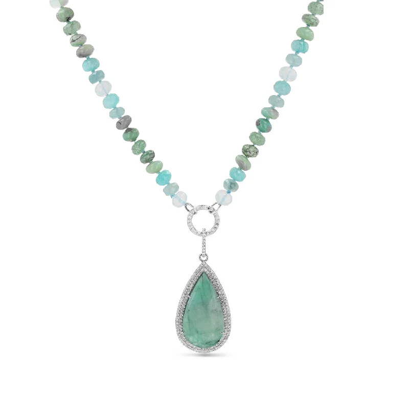 Women's necklaces radiant-charm-Emerald & Diamond Teardrop Pendant on Mixed Green Bead Necklace - 17"  N0003465