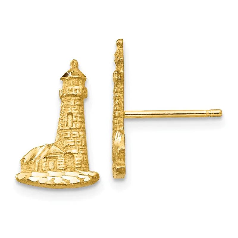 Women's earrings peachy-charm-13mm Diamond Cut Lighthouse Post Earrings in 14k Yellow Gold