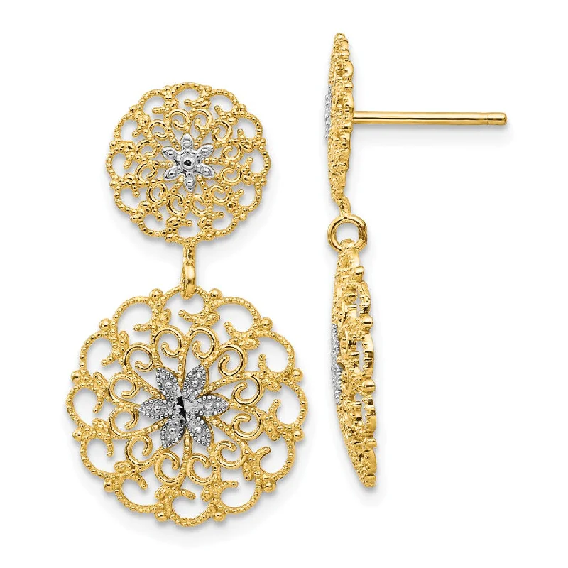 Women's earrings tri-layer-Filigree Medallion Drop Earrings in 14k Yellow Gold and Rhodium