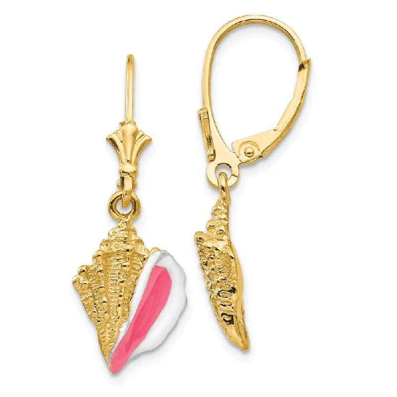 Women's earrings airy-glow-Pink & White Enameled Conch Shell Dangle Earrings in 14k Yellow Gold