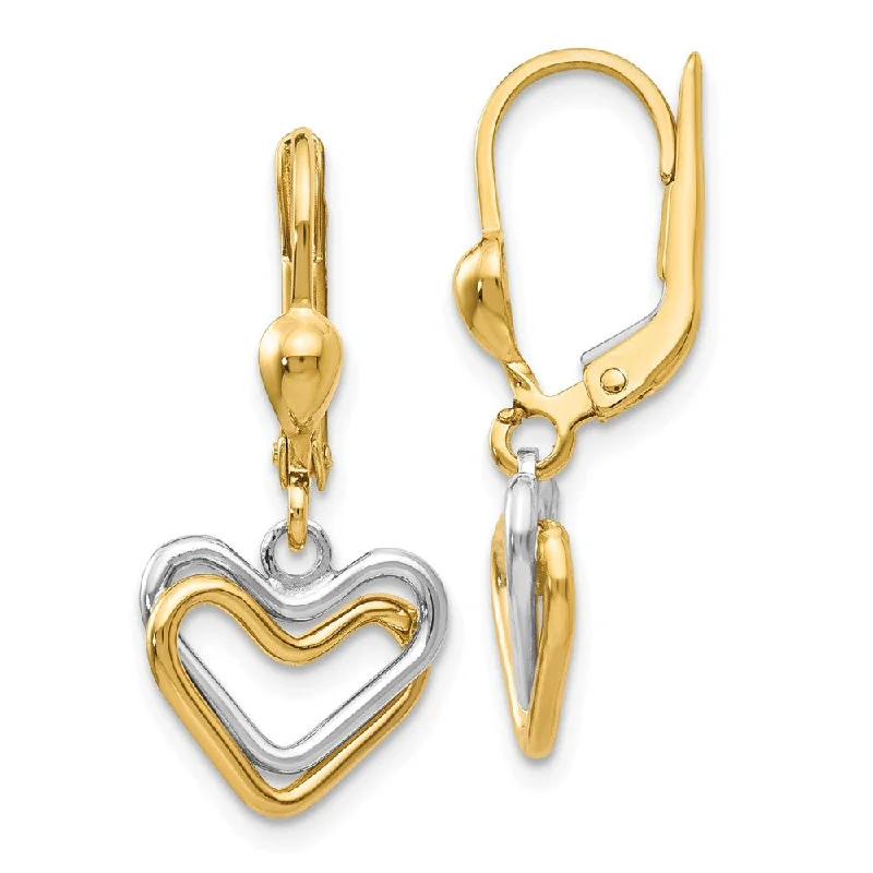 Women's earrings glowing-sunstone-Two Tone Double Heart Lever Back Earrings in 14k Gold