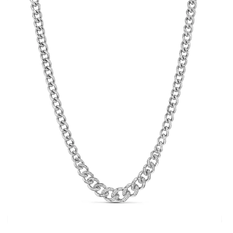 Women's necklaces sparkling-gem-Tapered Cuban Link Chain Necklace with Pave Diamonds - 17"  N0002971